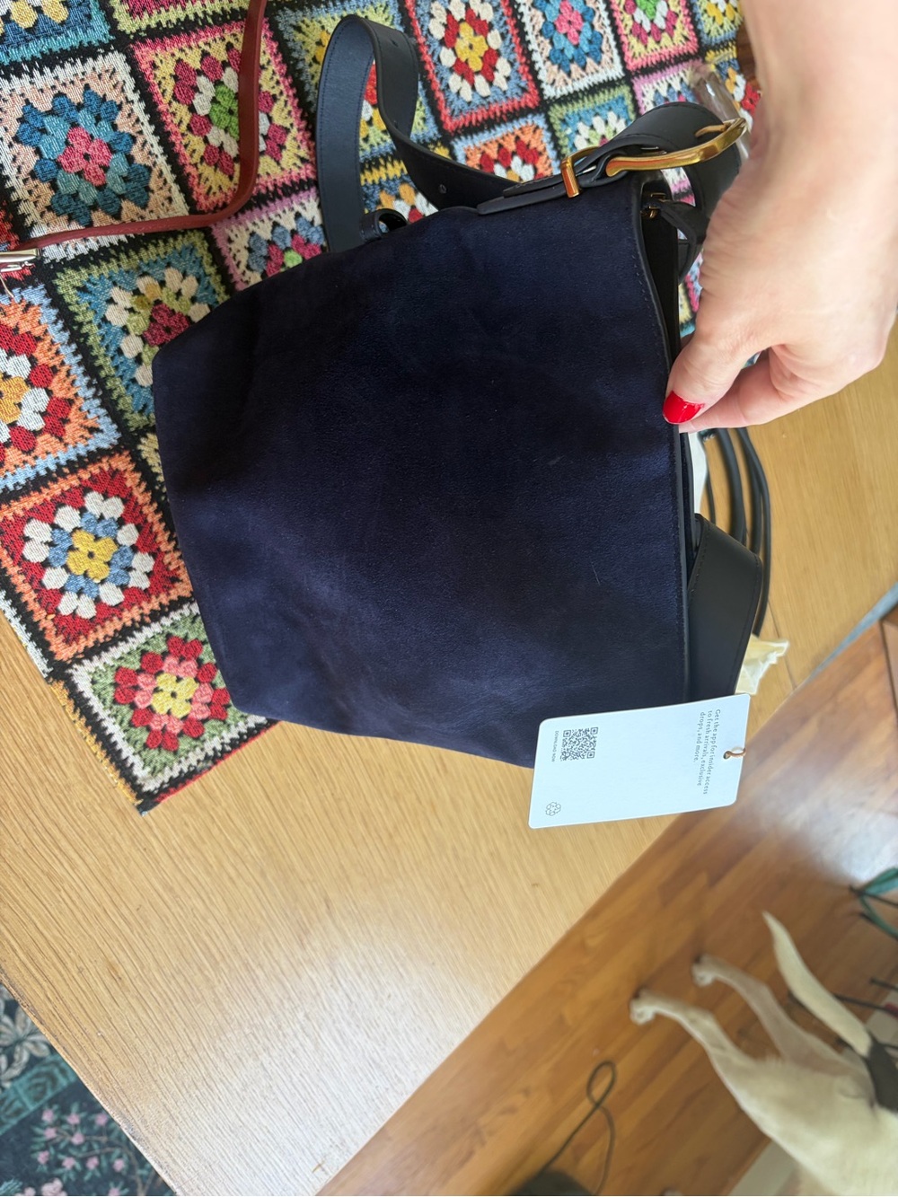 NWT and Dustbag Quince Italian Suede Bucket Crossbody in Navy. - Picture 13 of 14